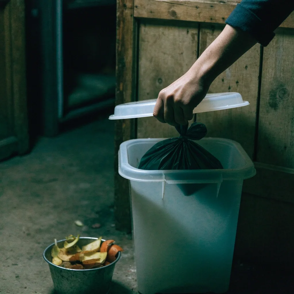 Dapur rumah dengan tempat sampah tertutup dan sisa sayuran yang menunggu dibuang