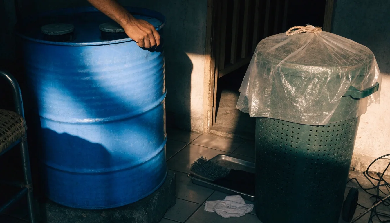 Sudut rumah dengan tandon air tertutup dan tempat sampah tertutup di lantai berubin