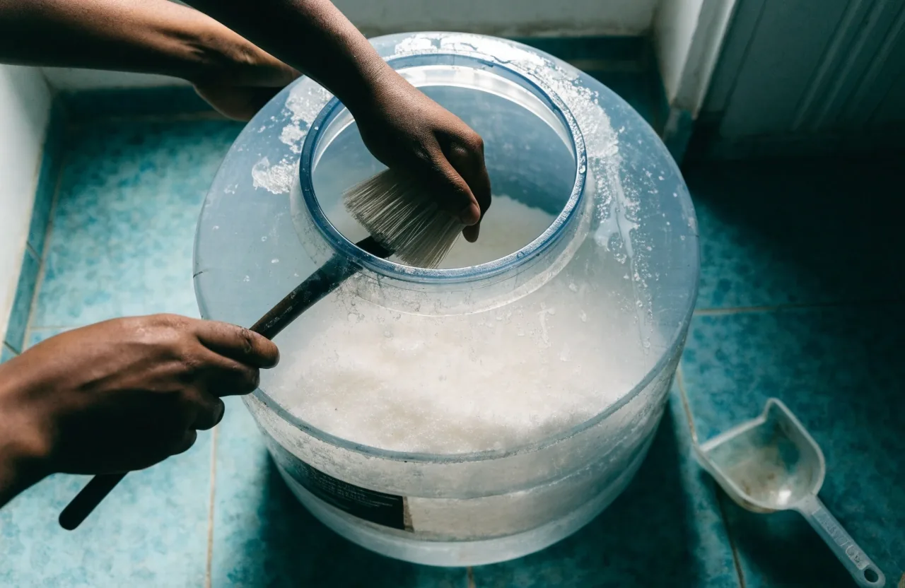 Tangan menggosok dinding dalam wadah air rumah tangga dengan sikat di lantai kamar mandi