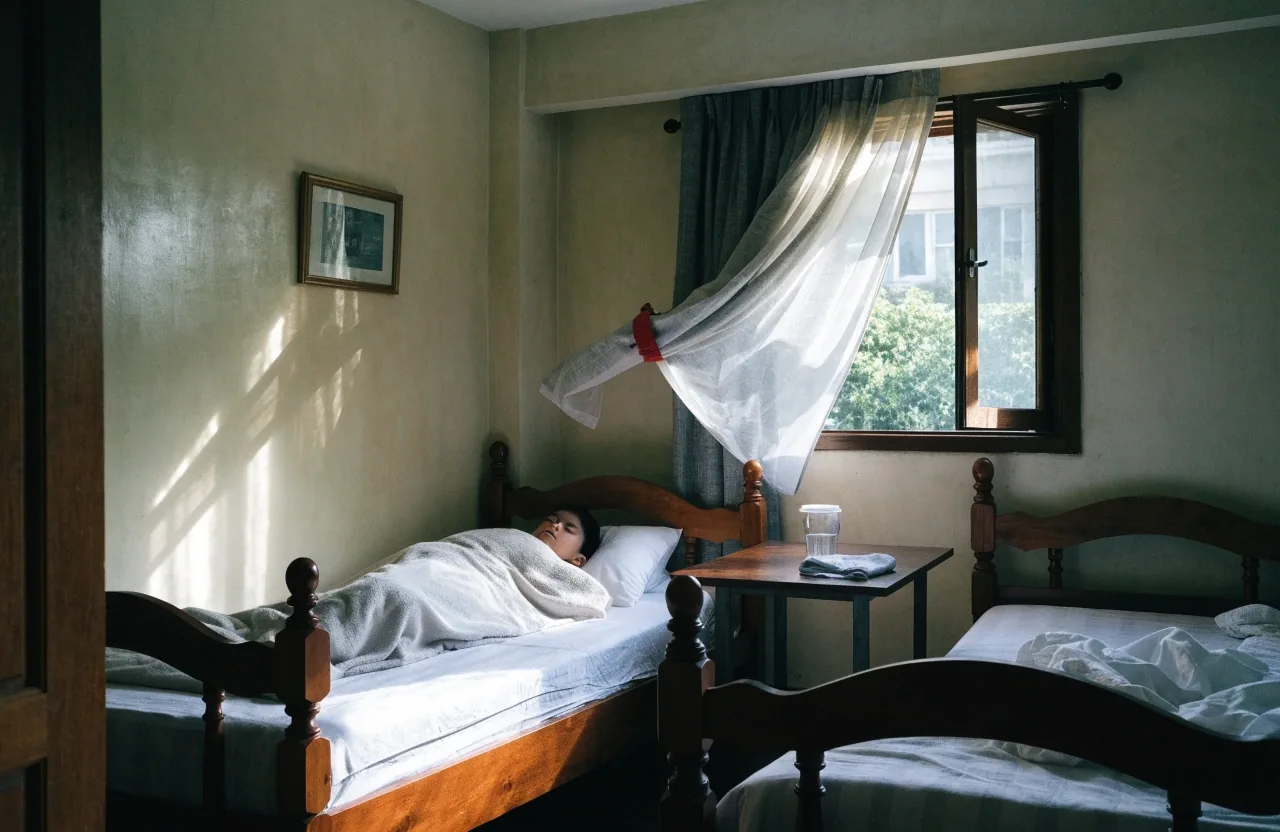 Kamar tidur dengan dua tempat tidur yang tidak berhadapan dan jendela terbuka