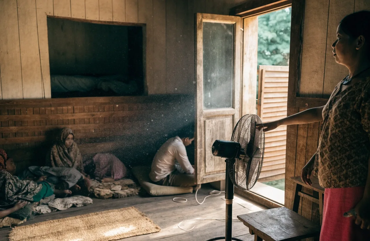 Ruang keluarga rumah kecil dengan kipas angin dan pintu terbuka untuk sirkulasi udara