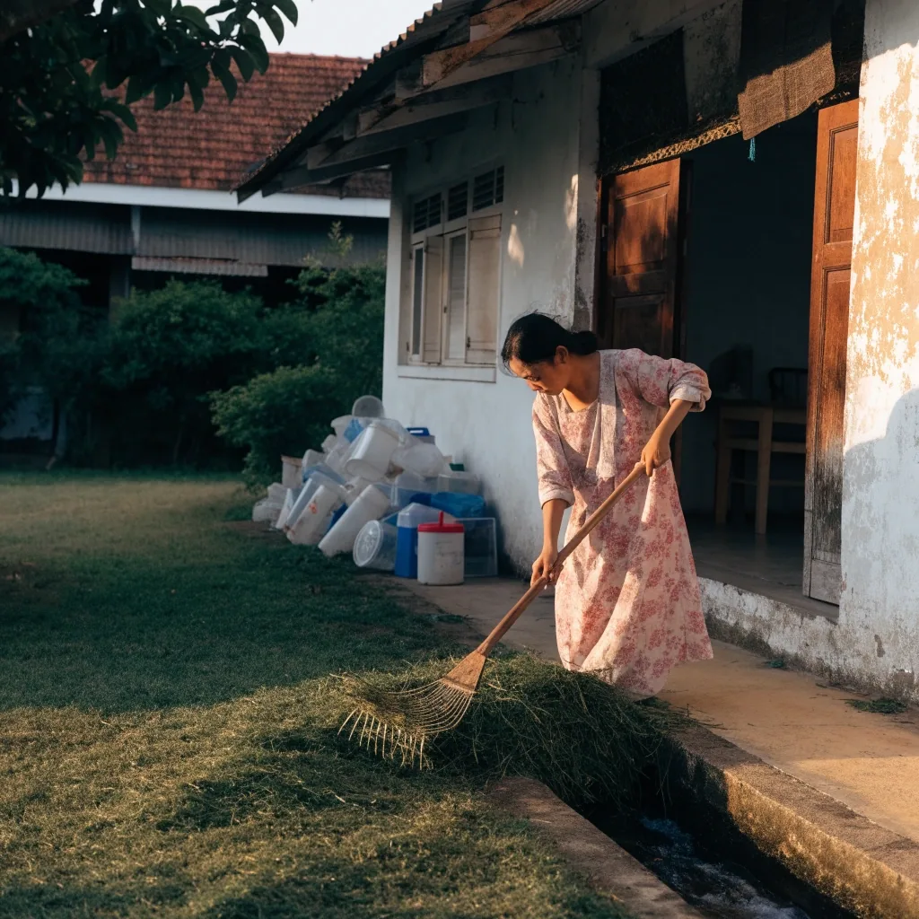 Halaman belakang rumah dirapikan dengan rumput dipangkas dan saluran air mengalir