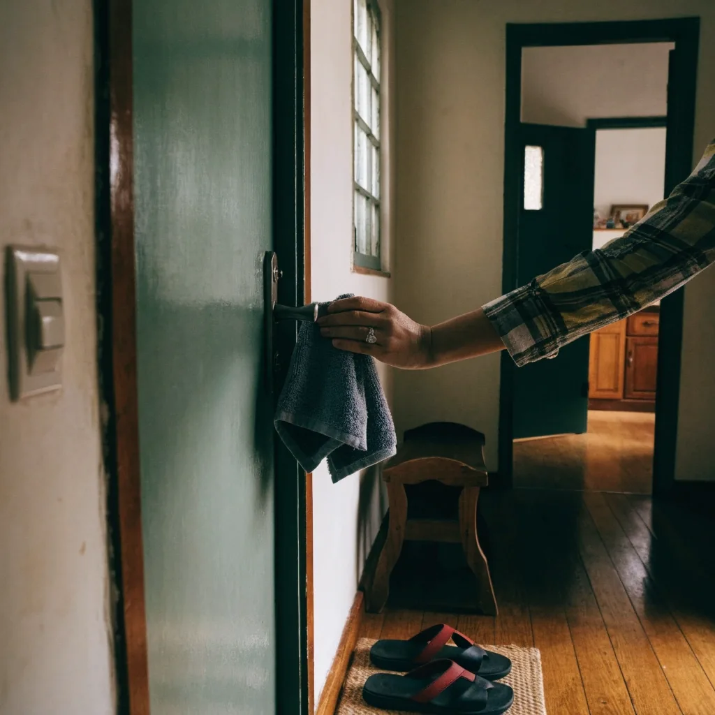 Tangan mengelap saklar dan gagang pintu di lorong rumah sementara sandal tersusun di depan pintu