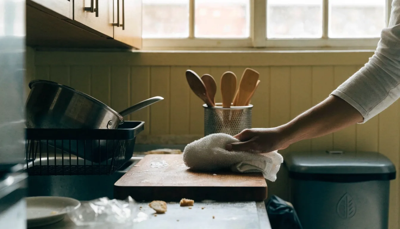Wastafel dapur dengan peralatan masak yang baru dicuci dan talenan di meja