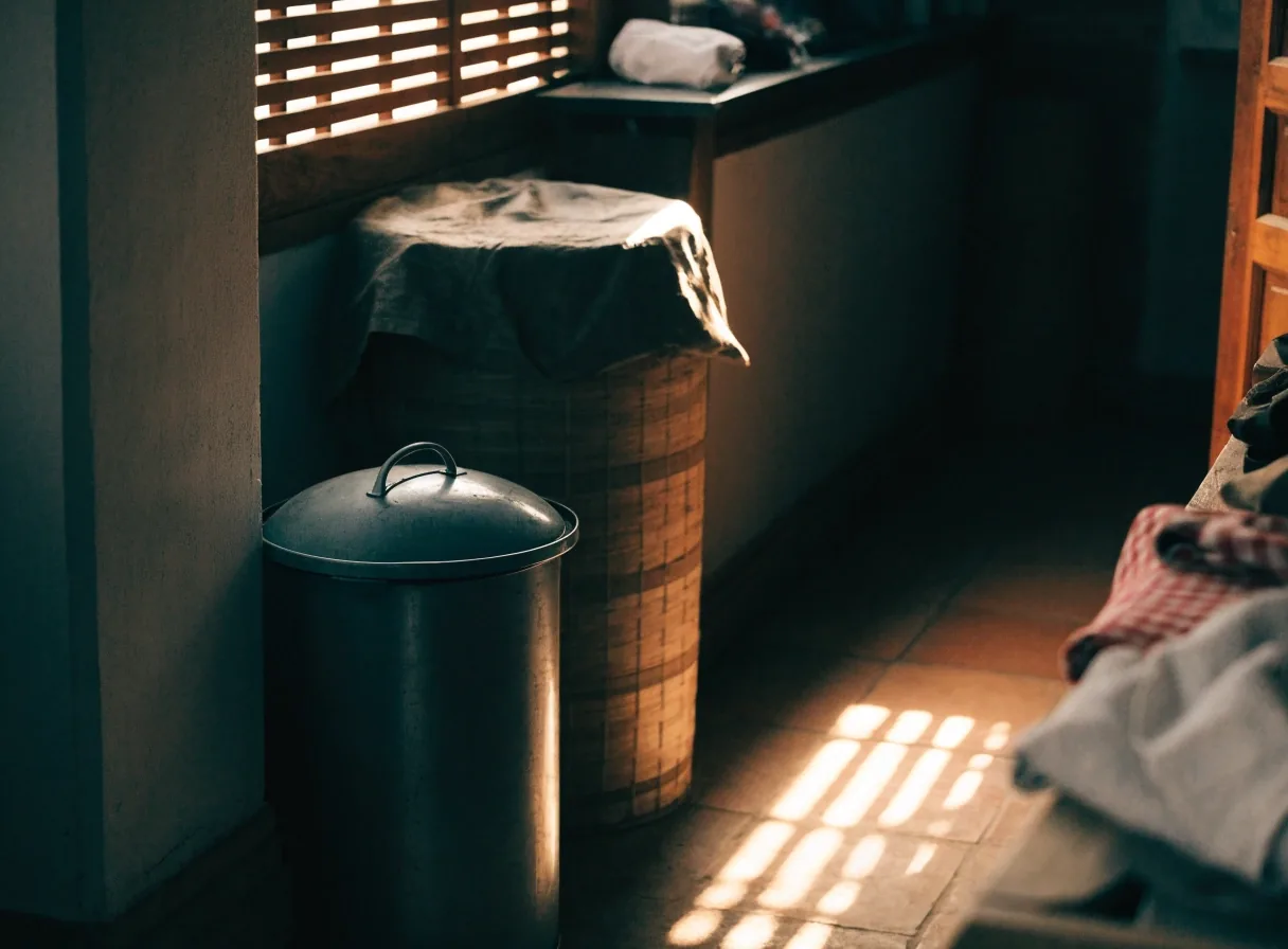 Dapur rumah di Bali dengan tempat sampah tertutup dan drum air tertutup pada sore hari