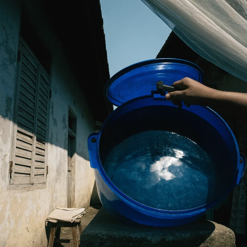 Tangan memeriksa tutup drum air di samping dinding rumah pada siang hari