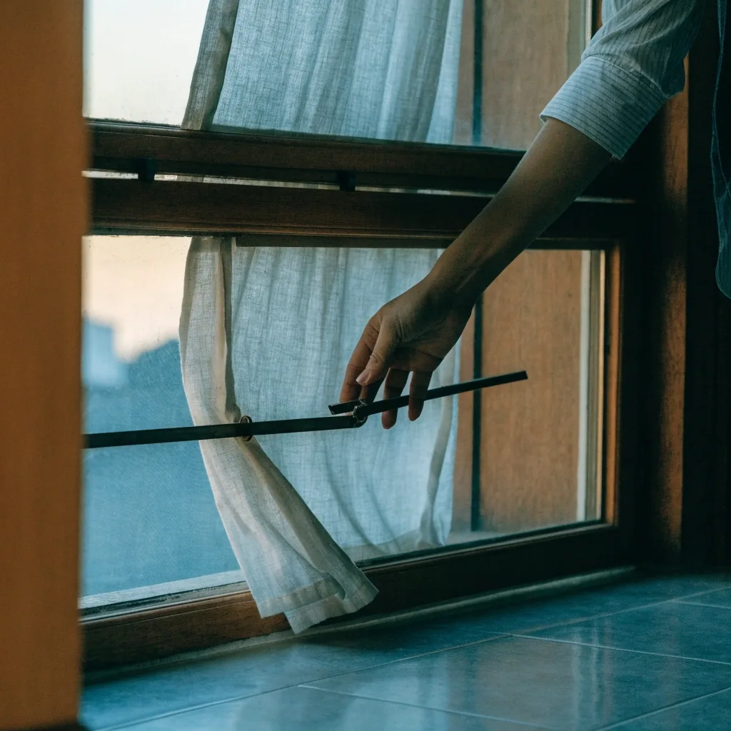 Tangan membuka jendela rumah pada pagi hari, tirai tipis bergerak mengikuti aliran udara