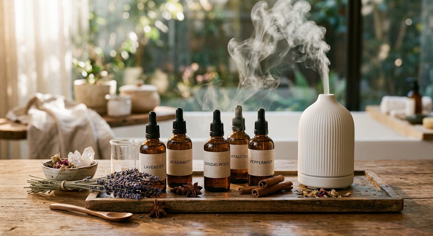 Koleksi botol kaca amber essential oil, bunga lavender kering, kayu manis, dan uap lembut diffuser aromaterapi di atas meja kayu hangat